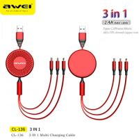 Awei CL-136 3 in 1 Retractable USB C Fast Charging Cable Quick Charge Lightning Date Cord For iPhone Xiaomi Type C Cable
