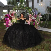2024 Sparkly Black Quinceanera Dress Off The Shoulder Beaded Ball Gown Corset Mexican Sweet 16 Dress Vestidos De 15 Años