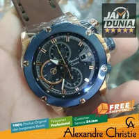 JAM PRIA ALEXANDRE CHRISTIE CHRONOGRAPH ORIGINAL BROWN LEATHER KOMBINASI BLUE ROSE GOLD 6491 AC 6491