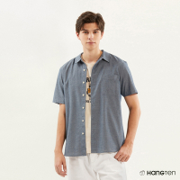 Hang Ten-男裝-COMFORT FIT青年布休閒短袖襯衫-藍