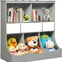 3-Tier Kids Bookcase Toddler Storage Organizer Cabinet Shelf w/ 8 Compartment Box and 3 Removable Drawers for Children (Gray)