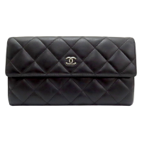 【二手名牌BRAND OFF】CHANEL 香奈兒 黑色 菱格紋 羊皮 扣式 長夾