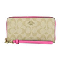 【COACH】COACH金字LOGO印花PVC 12卡拉鍊手拿長夾(淺卡其x矮牽牛粉紅)