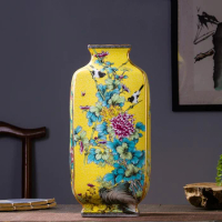 Yellow Enameled Vase Qialong Yellow Background Square Vase Oriental Flower Design Antique Chinese Kangxi Vase
