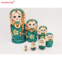 PB Playful bag Seven story green braided girl Russian Doll Set fun wooden toy set handicraft couple birthday gift HG20