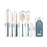 【深藍色】創意小麥秸稈豎紋餐具套裝 便攜摺疊 刀叉勺筷吸管餐具 #DADADI 