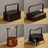 竹編復古籃子手提復古大漆雙層食盒送餐盒茶道具收納筐茶點托盤