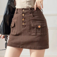 Amercian Retro Denim Cotton Skirts Women High Waist Mini Skort Stretch Bodycon Streetwear Y2K Short Skirt With Pockets Buttons
