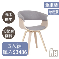 【AT HOME】三入組原木色灰布質實木腳餐椅/休閒椅 現代北歐(馬克)