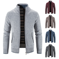 純色秋冬季男士針織衫外套加絨加厚立領拉鏈口袋保暖長袖開衫夾克