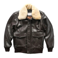 Factory Men A2 air force flight jacket fur collar genuine leather jacket men black sheepskin coat winter bomber jacket