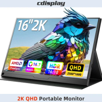 2K Portable Monitor for Laptop 16" 16:10 PC Display 1200:1 100%sRGB Second Screen USB-C HDMI for PS5 Xbox Switch Notebook Phones