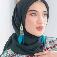 Aksesoris wanita anting hijab tusuk triple bulu tusuk biru