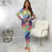 VAZN 2021 Autumn Open See Through Sexy Club Young Sexy Solid Round Neck Full Sleeve Skinny Long Dress Women For Evening Robe