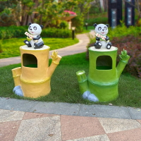 戶外景區垃圾桶卡通熊貓擺件玻璃鋼雕塑樹樁果皮箱幼兒園園林景觀