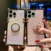 Luxury Plaid Ring Holder Square PU Leather Phone Case For VIVO X70 X80 X90 Pro Y21 Y33S Y83 Y85 Y66 Y67 Y50 Y20 Y52S Y17 Y3