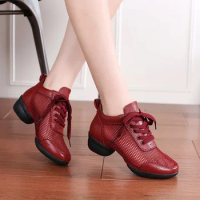 Women Genuine Leather Dance Shoes Boots Square Dance Shoes Increase Sneakers Boots Soft Sole Woman Shoes Modern