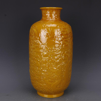 清乾隆黃釉浮雕刻龍紋冬瓜瓶仿古老貨瓷器家居中式擺件古董古玩1入