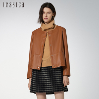 JESSICA - 簡約百搭顯瘦柔軟羊皮圓領皮衣外套224Z01（駝）
