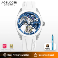 AGELOCER Original Tourbillon Watch Ceramic Bezel Men's Vogue Luxury Skeleton Manual Mechanical Watch Birthday Gift for Men