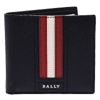 BALLY 經典紅白紅條紋荔枝紋牛皮摺疊包短夾/鑰匙圈禮盒組(黑X紅)
