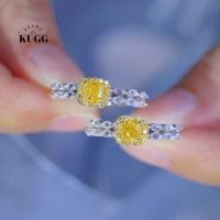 KUGG 18K White Gold Rings Romantic Elegant Design Real Natural Aquamarine&amp;Yellow Diamond Ring for Women High Wedding Jewelry