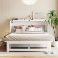 Queen Size Murphy Bed with Sturdy Construction,USB Port and removable Shelves on Each Side,White