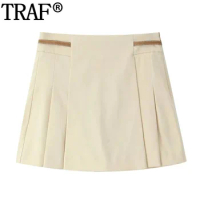 TRAF 2024 Women's Skort Mid Rise Pleated Mini Skirt Pants Woman Fashion Belt Skort For Women Summer Ruched Casual Short Skirts