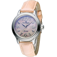 (福利品) REVUE THOMMEN 梭曼錶 自動機械女錶(12500.2536) 珍珠母貝錶盤x粉橘皮帶/34mm
