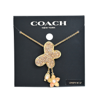 COACH金色貼鑽蝴蝶珍珠花朵C字垂墜掛飾長項鍊
