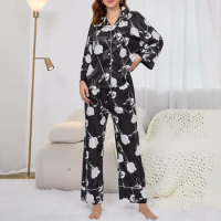Women's Silk Like Pajamas Sleepwear Set Spring And Autumn Botanical Print Long Sleeve Tops Long Pants Pajama Set For Women