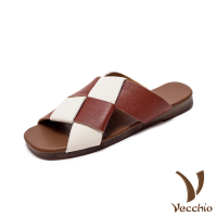 【Vecchio】真皮拖鞋 撞色拖鞋/全真皮頭層牛皮個性復古撞色拼接編織造型拖鞋(棕)