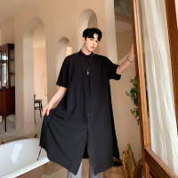 FINDSENSE品牌 訂製 G6 韓系男裝 潮流時尚大尺碼男夏季長襯衫上衣正韓短袖男襯衫五分袖潮牌洋裝簡約寬鬆黑色外套