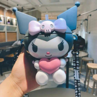 Sanrio Kuromi Straw Cup With Crossbody Strap Creative 3D Large Capacity Snack Box Kuromi Doll Model Portable Water Bottle Gifts