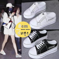 ส่งจากในไทย รองเท้าผ้าใบเปิดส้นผู้หญิง ส้นหนา8cm ใส่เดินเล่นชิวๆสบายๆ คําแนะนําการขายที่ร้อนแรงในเดื