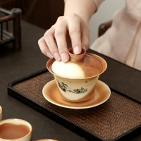 正竹柴燒三才蓋碗手繪山水大號單個功夫泡茶復古風陶瓷碗敬茶杯具