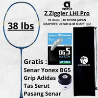 PAKET Raket Badminton APACS Z Ziggler LHI Pro Graphite Carbon 38 lbs Blue PAKET