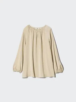 UNIQLO Blus Satin Gathered Blouse wanita Lengan Panjang BEIGE S