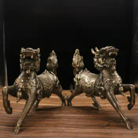 12"Tibetan Temple Collection Old Bronze Fire Unicorn statue Kirin A pair Lucky Gather wealth Ornaments Town House Exorcism