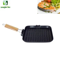 Square Cast iron steak plate cast iron grill pan BBQ griddle foldable fish frying pan stripe non-coated meat roaster pot