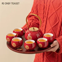 Chinese Red Ceramic Tea Set Bamboo Tray Handmade Teapot Kettle Teacup Tea Jar Household Wedding Teaware Sets Holiday Luxury Gift