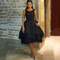 Classic Black A Line Evening Dress Short Prom Gowns Sexy Tea Length Formal Evening Gowns Custom Made Tiered Cocktail Dresses