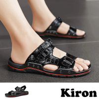 【Kiron】兩穿拖鞋 皮帶拖鞋/兩穿法設計鱷魚皮紋皮帶釦設計涼拖鞋-男鞋(黑)