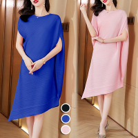 [KEITH-WILL]韓國三宅壓褶風水藍柔緞洋裝(皺褶衣/加大尺寸/婚禮/設計師/韓國進口)
