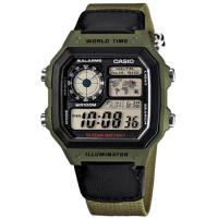 CASIO 卡西歐 軍事風 防水 電子液晶 帆布手錶 黑x軍綠色 AE-1200WHB-3B 40mm
