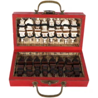 Chinese Wood Leather Box With 32 Pieces Terracotta Figure Chess Set Entertainment Checkers Chess Traditional Games