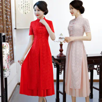 Pink/red woman aodai Vietnam traditional clothing Ao dai Vietnam robes and dress Vietnam costume Improved cheongsam Ethnic style