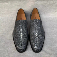 Authentic Sand Stingray Leather Businessmen Classic Black Dress Loafers Exotic Genuine Skate Skin Male Slip-on Shoes For Suits