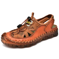 Outdoor Non Slip Men's Sandals 2024 Summer Leather Fisherman Beach Shoes Sandals for Men Handmade Breathable Water Sandal