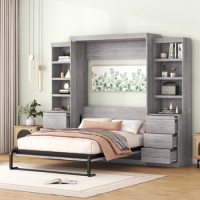 Full Size Murphy Bed with Storage Shelves and Drawers, Space-saving,No Spring Box Needed,Solid Frame, folding design,Gray